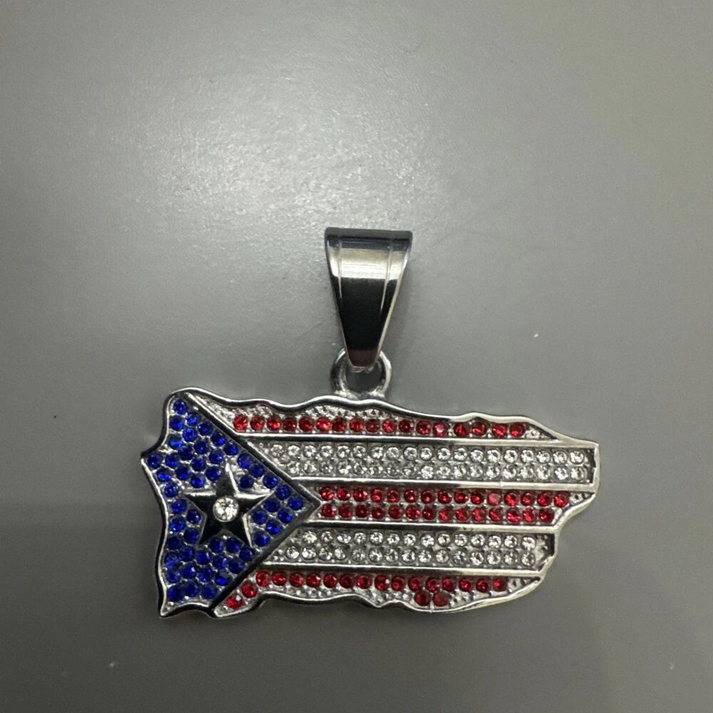 Puerto Rico Flag Pendant Silver Plated Stainless Steel 24 Inch Chain Necklace